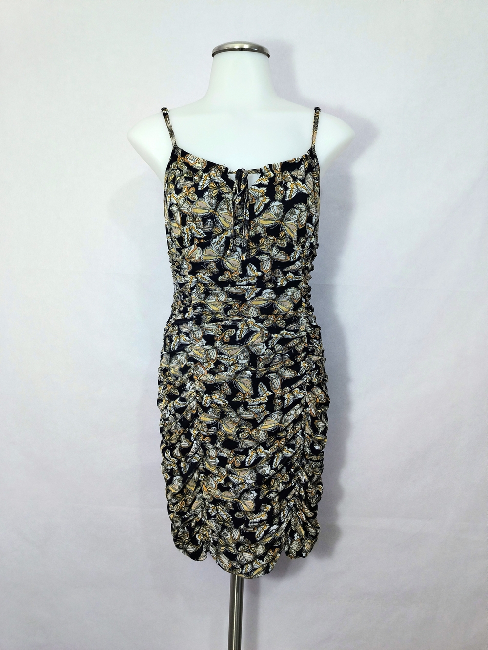 Ultra Flirt Ruched Butterfly Print Mini Dress - Black, Gold & Cream